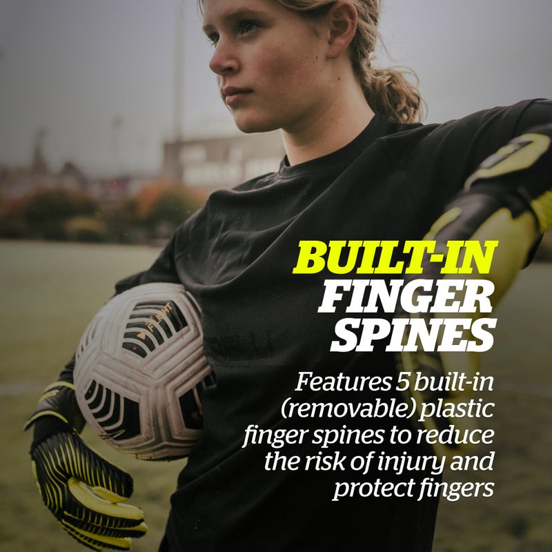 Storelli Silencer Sly Goalkeeper Gloves, Soccer Accessories, Sports Equipment, High-Impact Hand Protection with Removable Finger Spines, Unisex, Youth, Glove Bag Included, Black, Yellow, Size 9 - Image 4